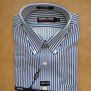 Men's Kirkland Long-Sleeve Non-Iron Blue Striped Dress Shirt, 16-1/2 36